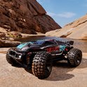 Zwarte RC-auto 'Troublemaker' met nummer 88, blauwe details, in een rotsachtige omgeving.