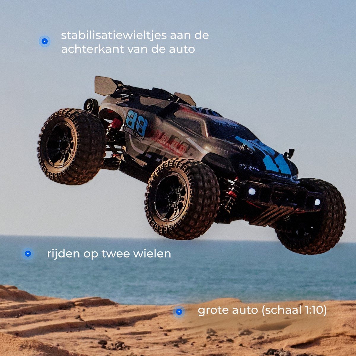 Overmax X-Stable RC auto / RC car – 35 km/h – 4x4 Monster Truck – 1:10 – metalen aandrijving – olie-schokdempers – dubbele LED verlichting – 2 accu’s (tot 40 min rijtijd) – instelbare besturing – actieve rem – offroad terrein model - Bestuurbare Auto — afbeelding 16