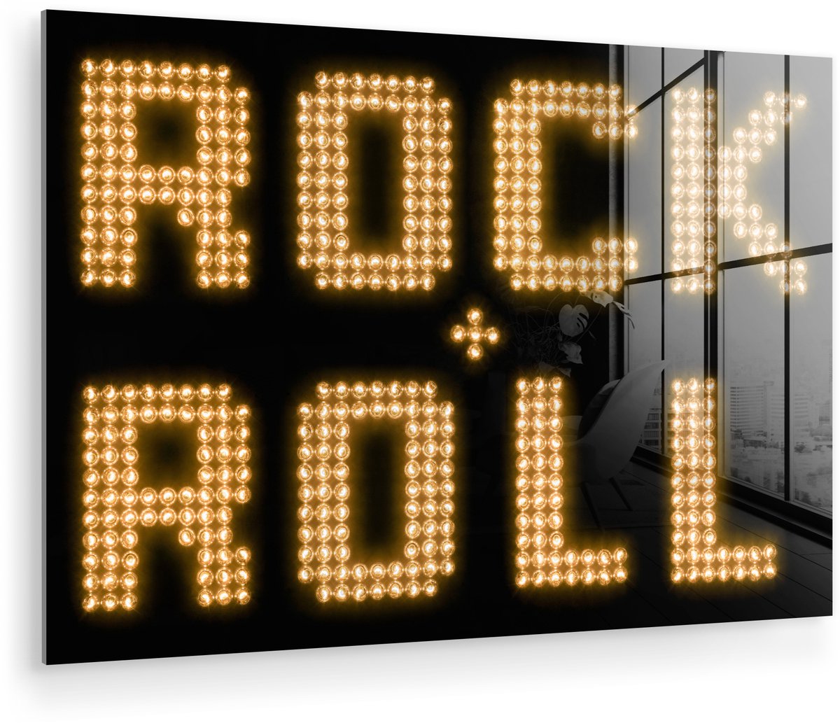 ® Glasschilderij 120x80 cm - Schilderij acrylglas - De tekst Rock-'n-roll in gloeilampen -