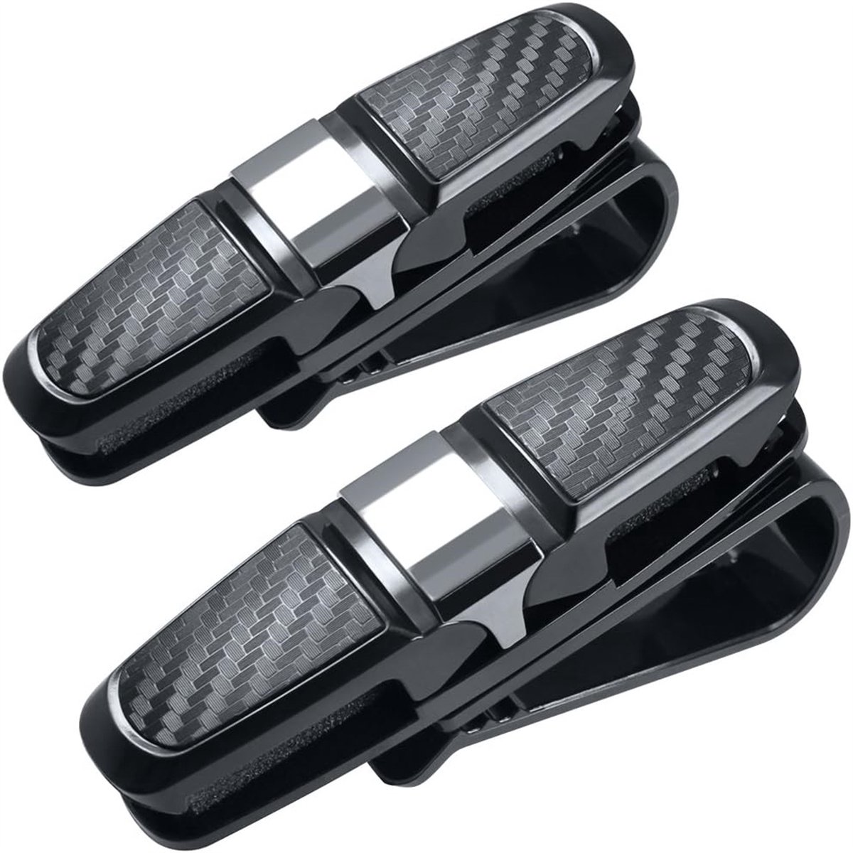 carmdering - Dubbele Zonnebrilhouder Auto Zonneklep – 180° Draaibaar – Carbon Look Clip Organizer voor 2 Brillen + Kaart – Universele Auto Accessoire Zonder Boren