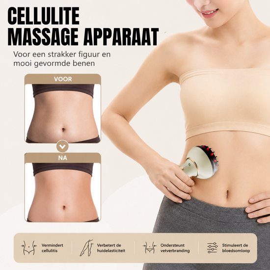 Een vrouw gebruikt het massageapparaat op haar buik. 'Cellulite massage apparaat' met voor-en-na foto's.