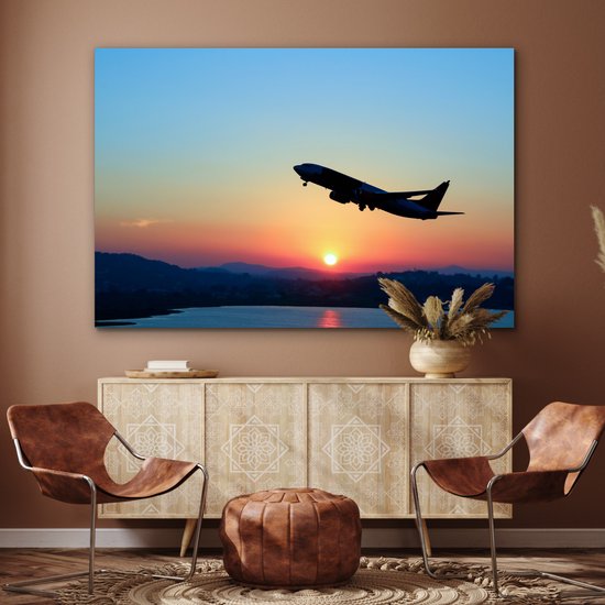 Aluminium schilderij 150x100 cm - Wanddecoratie metaal - Stijgend vliegtuig met een heldere lucht - Metalen muurdecoratie woonkamer - Decoratie industrieel - Foto op dibond - Industriële accessoires slaapkamer