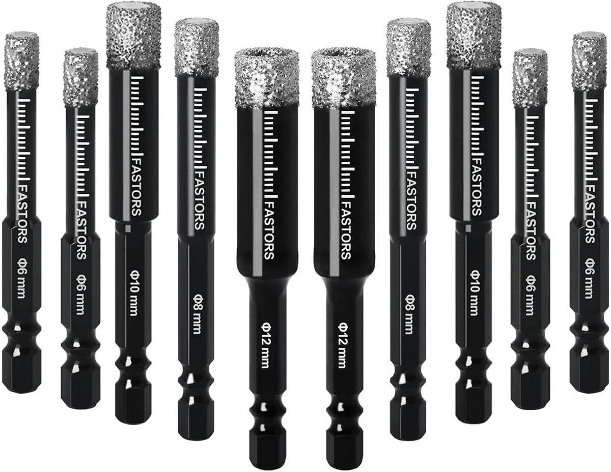 Droge Diamant Boor Set, 10-Pack Diamond Core Boren voor Tegel Keramische Marmer Graniet Glas Baksteen Stone, 1/4 Hex Schacht Maat 6,8,10,12 mm