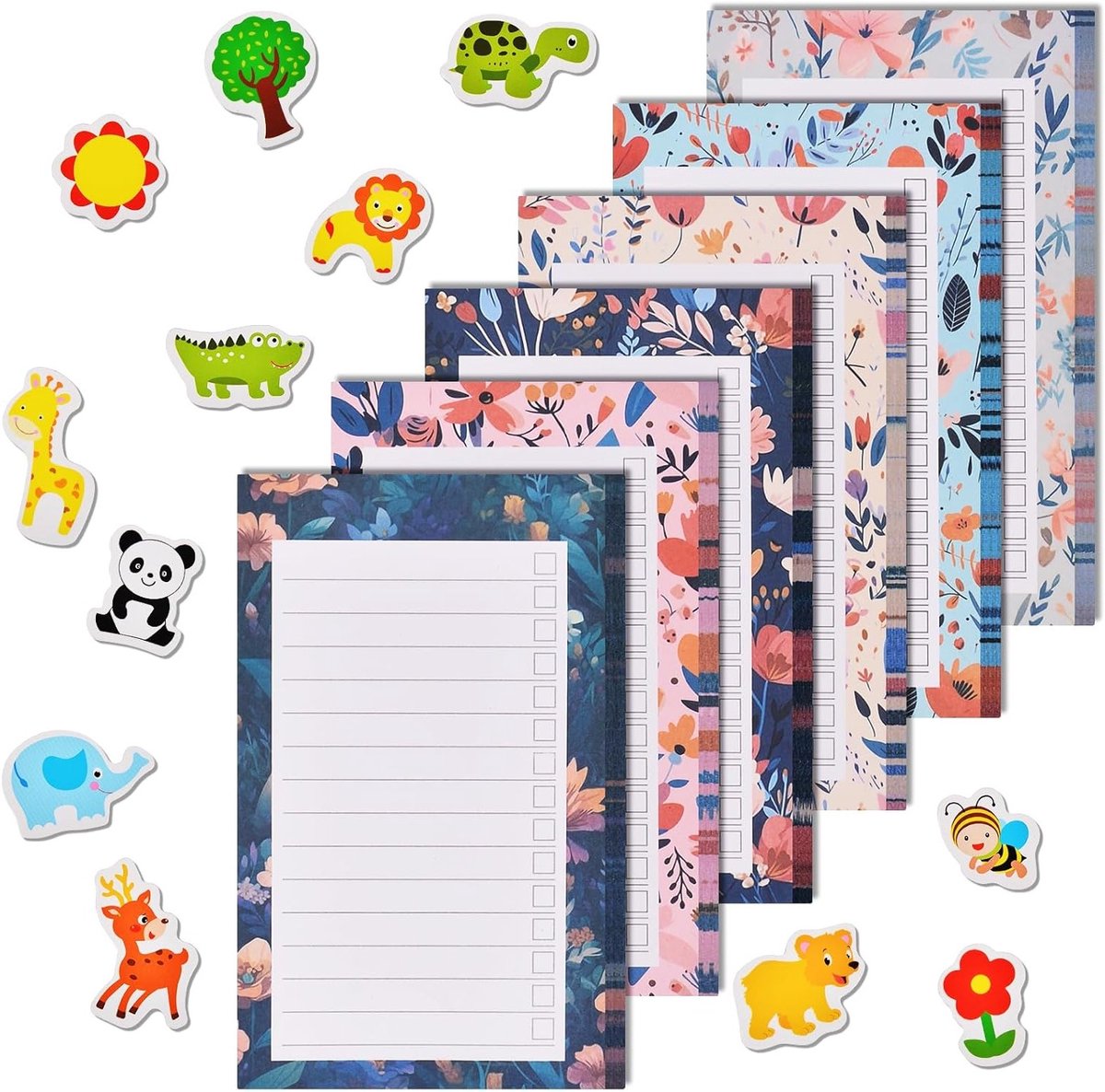 Allecto Plus - Magnetische notitieblokken set van 6 - Dagelijkse planner met bloemenmotief - 12 mini koelkastmagneten - 50 vellen per blok - Voor boodschappenlijstjes - Handig voor thuis en op kantoor