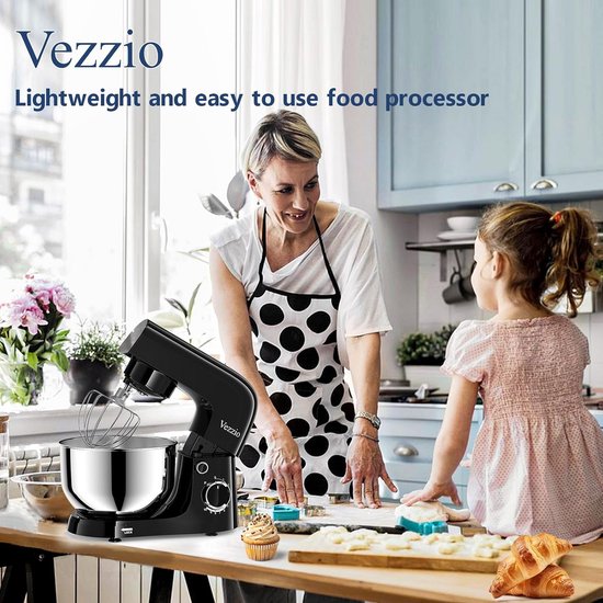 Vezzio Blender, 4,5 liter, 1500 W, 10 snelheden, keukenmachine om te bakken (zilver) (zwart) — afbeelding 4