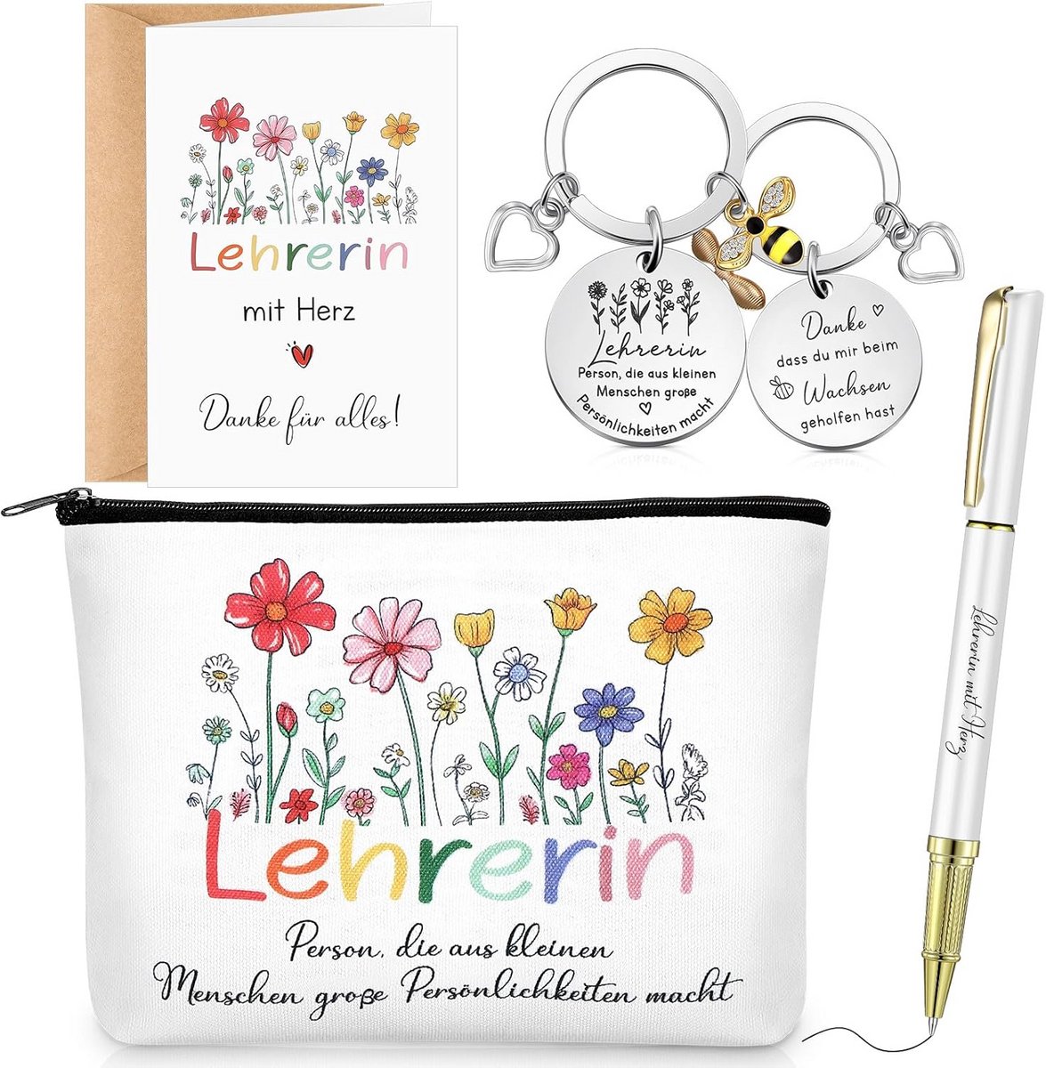 Cadeauset Bedankje voor Lerares: Make-up Tas, Sleutelhanger, Pen en Wenskaart