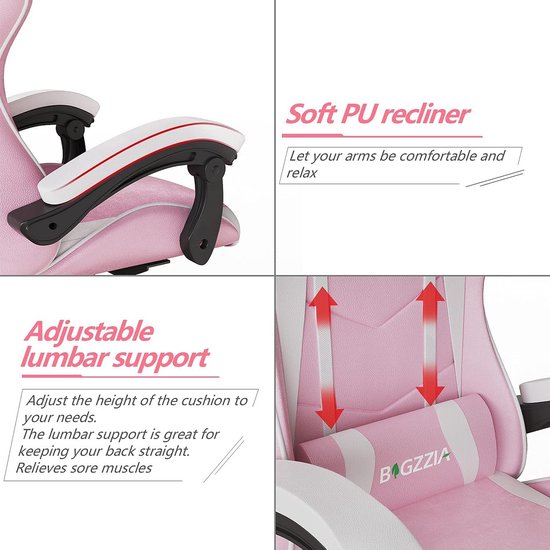 bigzzia Gamingstoel, Gamingfauteuil met hoofdsteun en lendensteun, Ergonomische gamingstoel voor gameroom, tieners, volwassenen (roze) — afbeelding 2