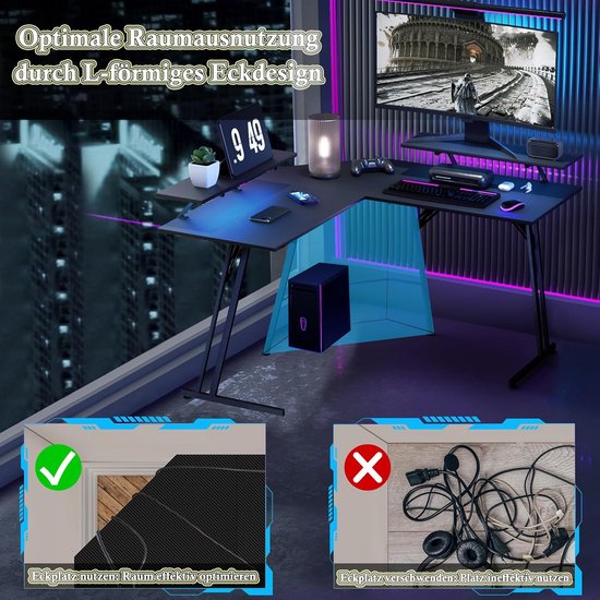 Gamingtafel, computertafel, groot bureau, L-vormig hoekbureau, gamingtafel, pc-tafel, royaal werkblad met beeldschermhouders, 120 x 73 x 46 cm — afbeelding 4