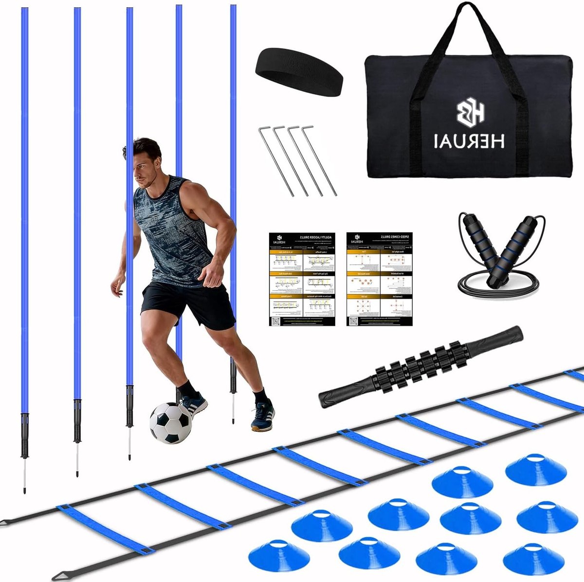 Voetbal trainingsset met coördinatieladder, slalomstokken, hoedjes en springtouw voor optimale training en verbetering van vaardigheden