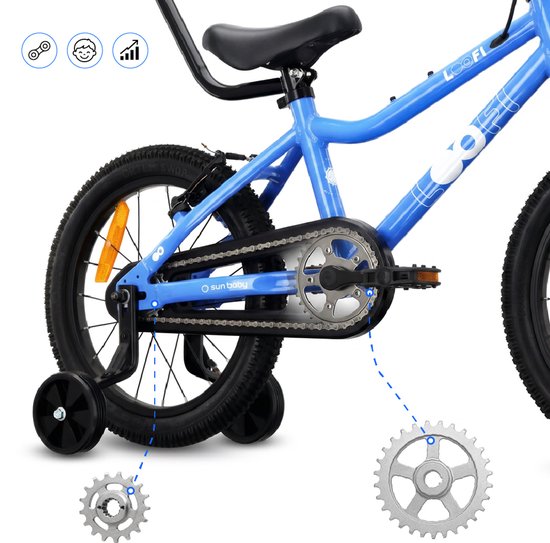 Sun Baby Kinderfiets 16 Inch LOOFI, Fiets voor Jongen 4-6 Jaar, Max 50 kg - licht aluminium frame, met zijwieltjes, mandje, bel, stickers - Blauw van Sun Baby — afbeelding 5