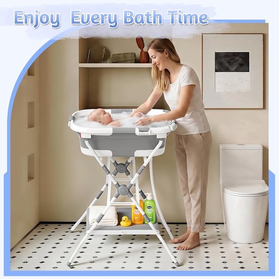 Opvouwbaar Babybadje - Badstandaard Baby - Veilig Baden - Met Temperatuurindicator - 80 x 65 x 95 cm - Grijsachtig Wit — afbeelding 4