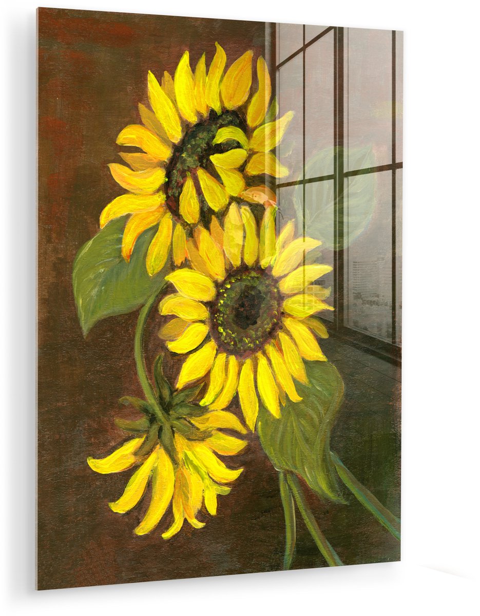 ® Glasschilderij 90x120 cm - Schilderij acrylglas - Olieverf schilderij van zonnebloemen - Foto op glas - Muurdecoratie woonkamer - Wanddecoratie slaapkamer - Schilderijen