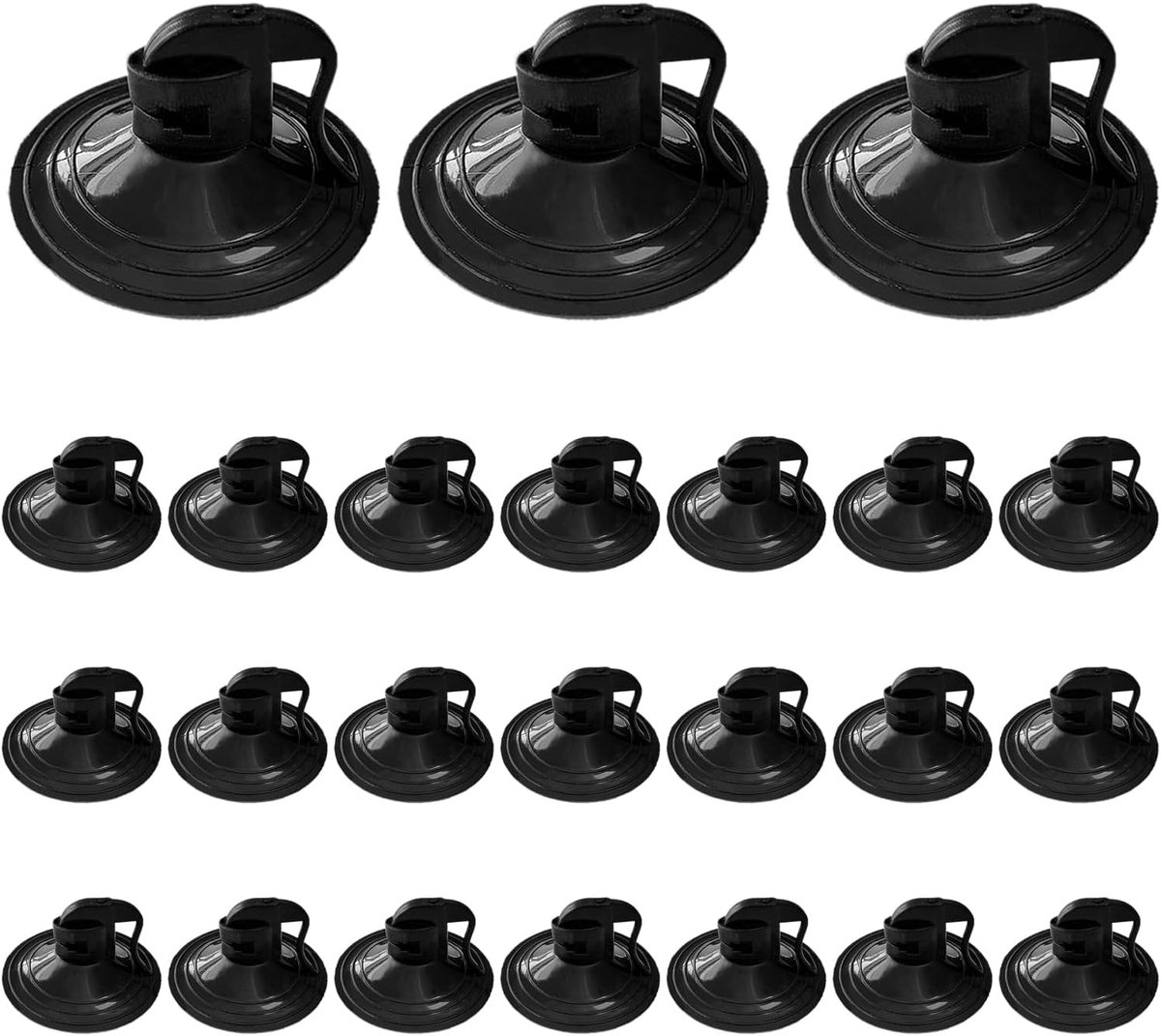 Set van 24 zuignappen voor autoruitzonneschermen — Sterke zuighaken met 'zwaluwstaart'-treklipje — Multifunctionele mini-PVC-zuignappen — Geschikt voor ramen, zonneschermen, keukens en badkamers (Zwart - 3,8 cm)