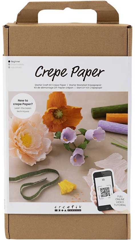 Doos met de tekst 'Crepe Paper' en afbeeldingen van crêpepapier bloemen, met vermelding van online tutorial.