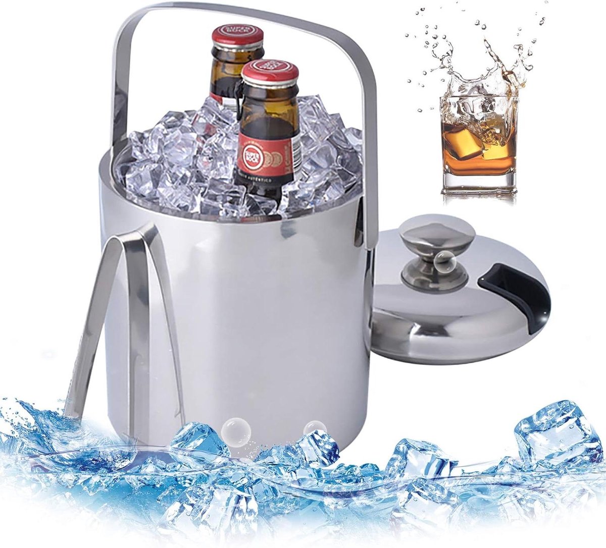 IJsemmer RVS - Dubbelwandig - Drank Koelen - Met Tang en Deksel - 1.3 Liter - Zilver