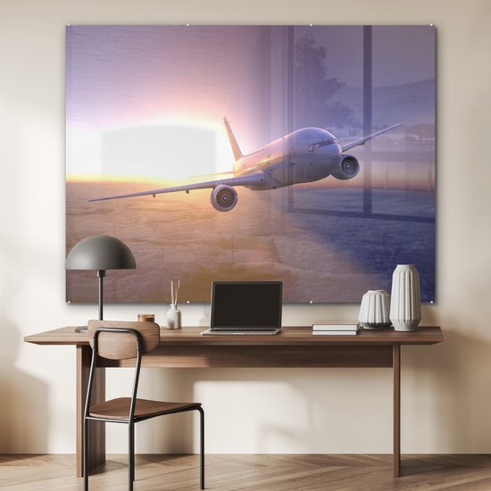 Un avion volant au-dessus des nuages au coucher du soleil Plexiglas 160x120 cm - Tirage photo sur verre (décoration murale plexiglas) XXL / Grand format!