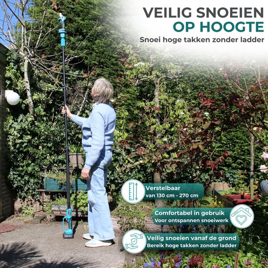 CraftRoot Elektrische Snoeischaar Incl. Opbergkoffer + Telescopische Verlengstok - tot 270cm Bereik en 2X 4.0Ah Accu’s- Professionele Draadloze Heggenschaar - 32mm Snijdiameter - Elektrische Takkenschaar - Tuin Snoei Schaar voor Heggen & Takken van CraftRoot — afbeelding 5