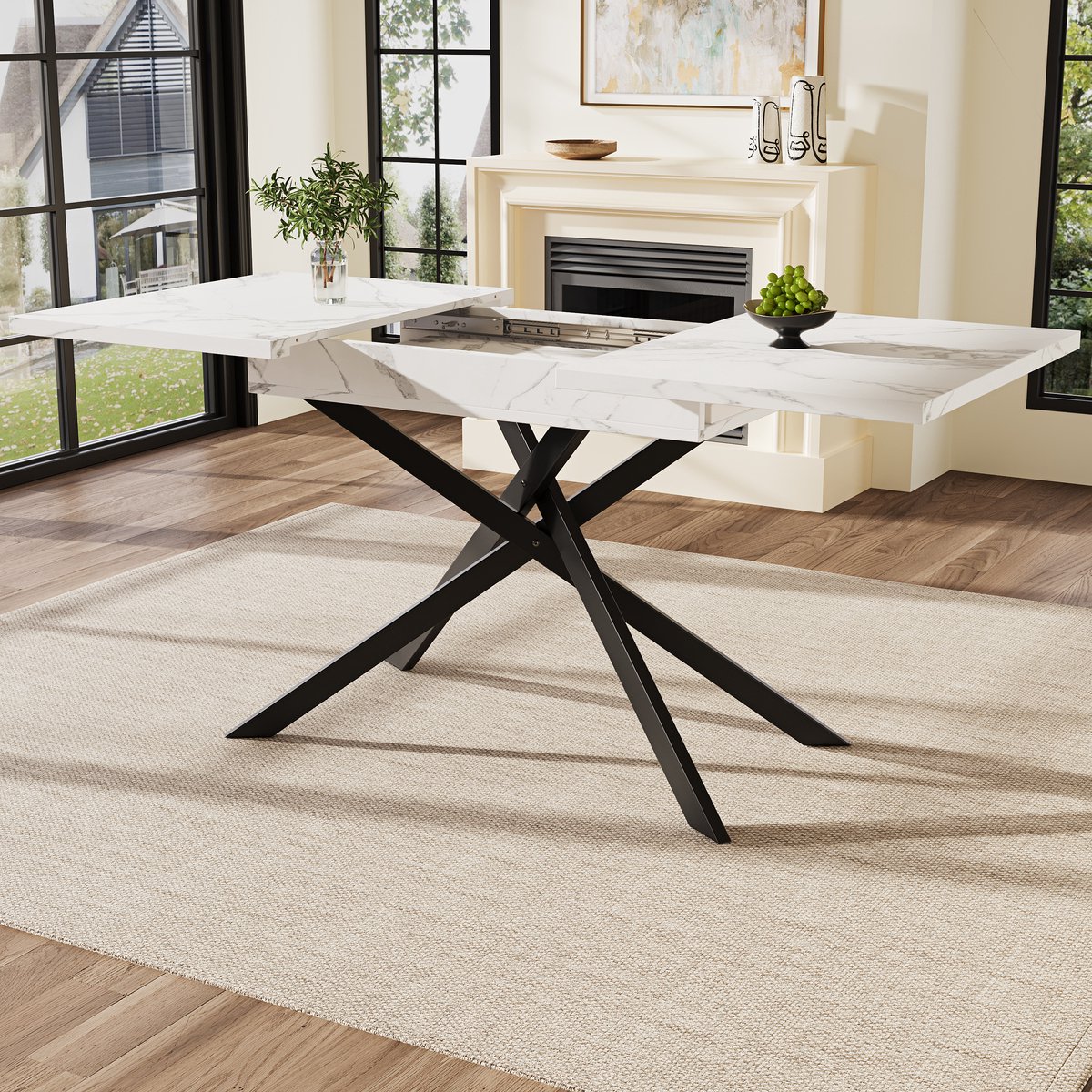 Uitschuifbare Eettafel, Telescopische Eettafel (120-160 cm), Ruimtebesparende Keukentafel, Zwarte Gekruiste Ijzeren Poten, voor Keuken en Woonkamer, Witte Marmeren Eettafel