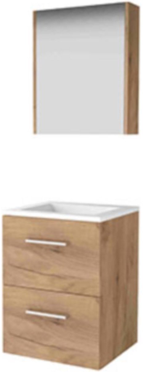 Basic-Line Comfort 46 Badkamermeubelset - 50 x 46 cm - Met Grepen - 2 Lades - Acryl Wastafel - Zonder Kraangat - Spiegelkast - Whisky Oak