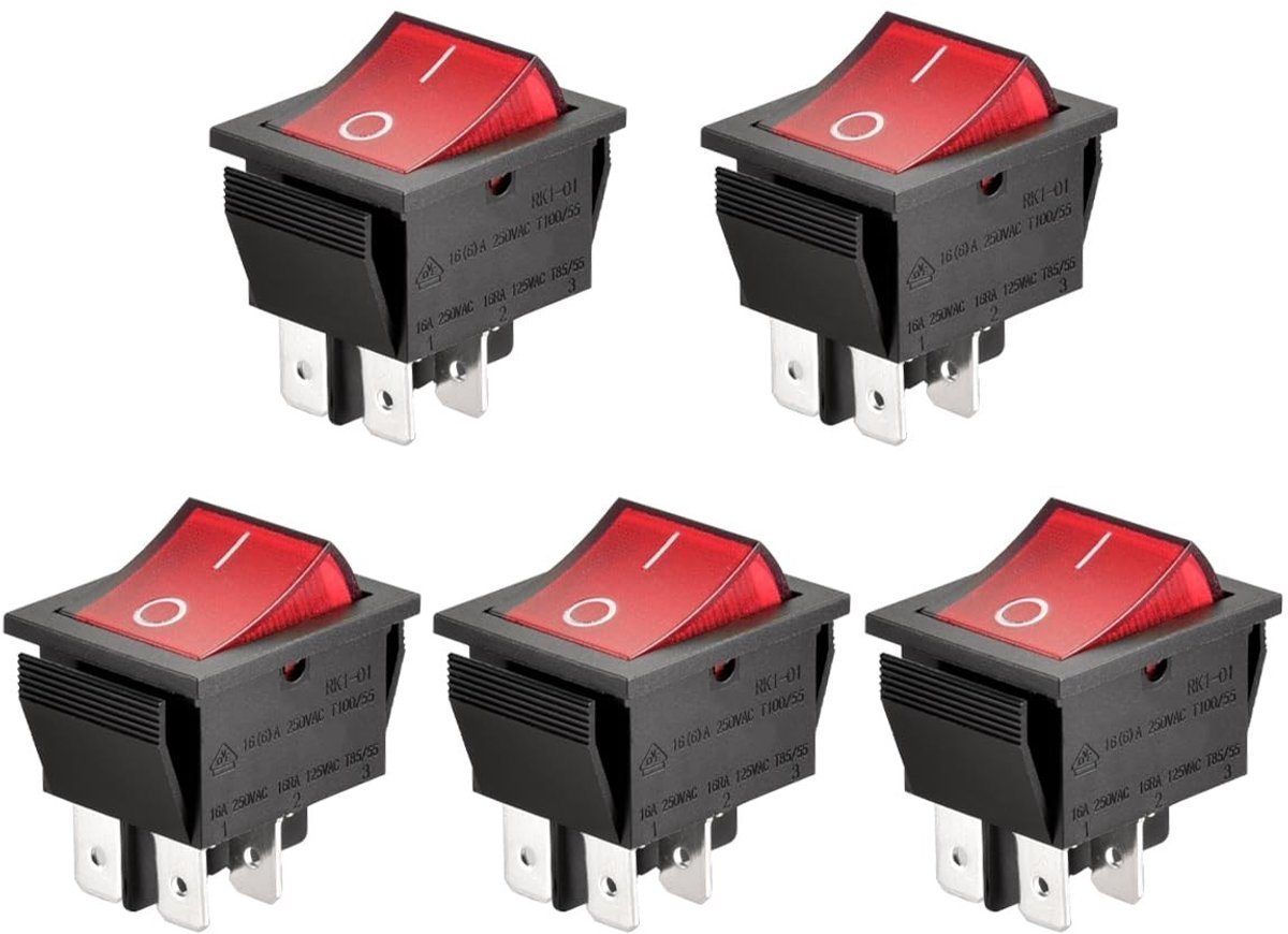 aladdien - Aan-uit tuimelschakelaar - 16 A 250 - Rood oplichtend - 4 eindpunten - Geschikt voor diverse toepassingen - 5 stuks