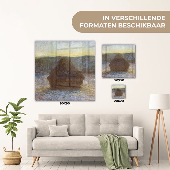 ® Glasschilderij 50x50 cm - Schilderij acrylglas - Hooiberg (dooi, zonsondergang) - Claude Monet - Foto op glas - Muurdecoratie woonkamer - Wanddecoratie slaapkamer - Schilderijen