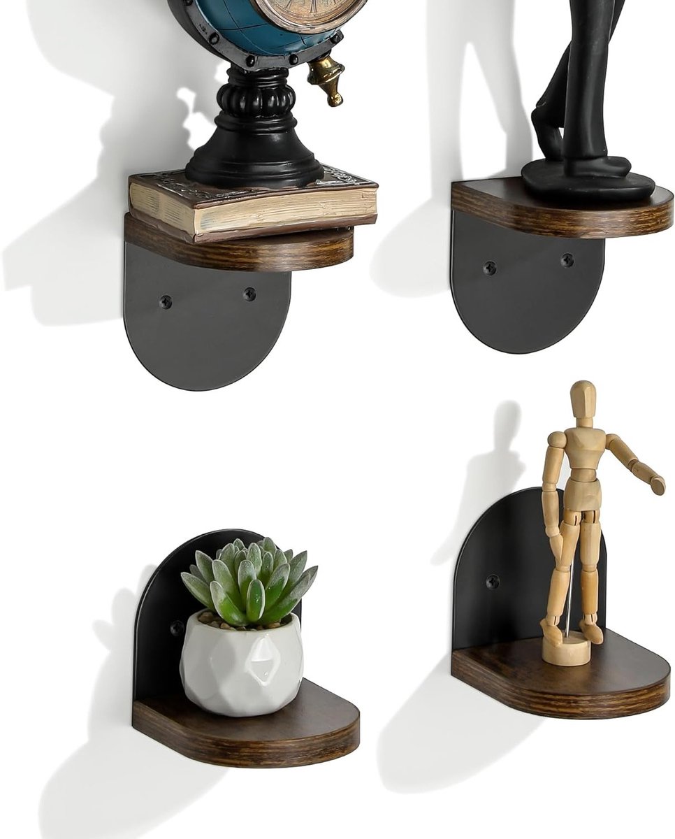 Set van 4 Zwevende Planken, Zelfklevende Wandplanken van Hout, Matte Zwarte Decoratieve Planken voor Woonkamer, Slaapkamer en Keuken