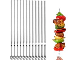 BBQ Skewers - Kabob Skewers For Grilling - RVS Plat Design Voor Vlees En Groenten - 35 Cm Lange Herbruikbare Prikkers - 12 Delen Set - Buiten Grillen En Barbecue
