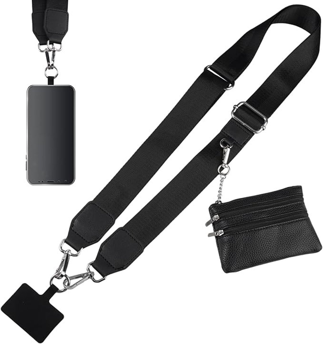 Universele telefoonketting met ritssluiting en portemonnee - Zwart