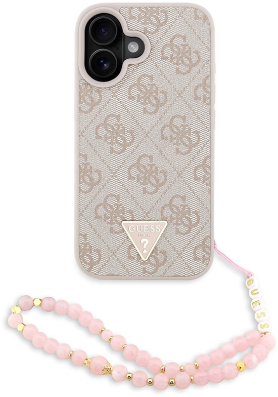 Coque de téléphone rose pâle avec imprimé logo Guess beige et cordon assorti à perles et détails dorés.