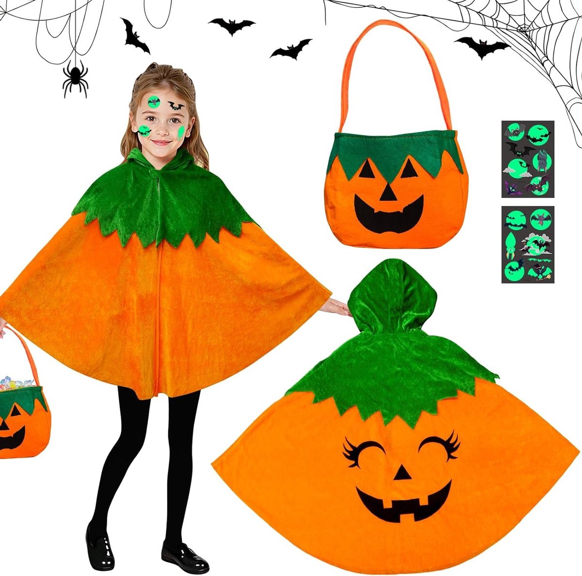 Halloween Pompoen Kostuum voor Kinderen met Cape, Pompoentas, Bat Tattoos en Accessoires voor Carnaval en Cosplay