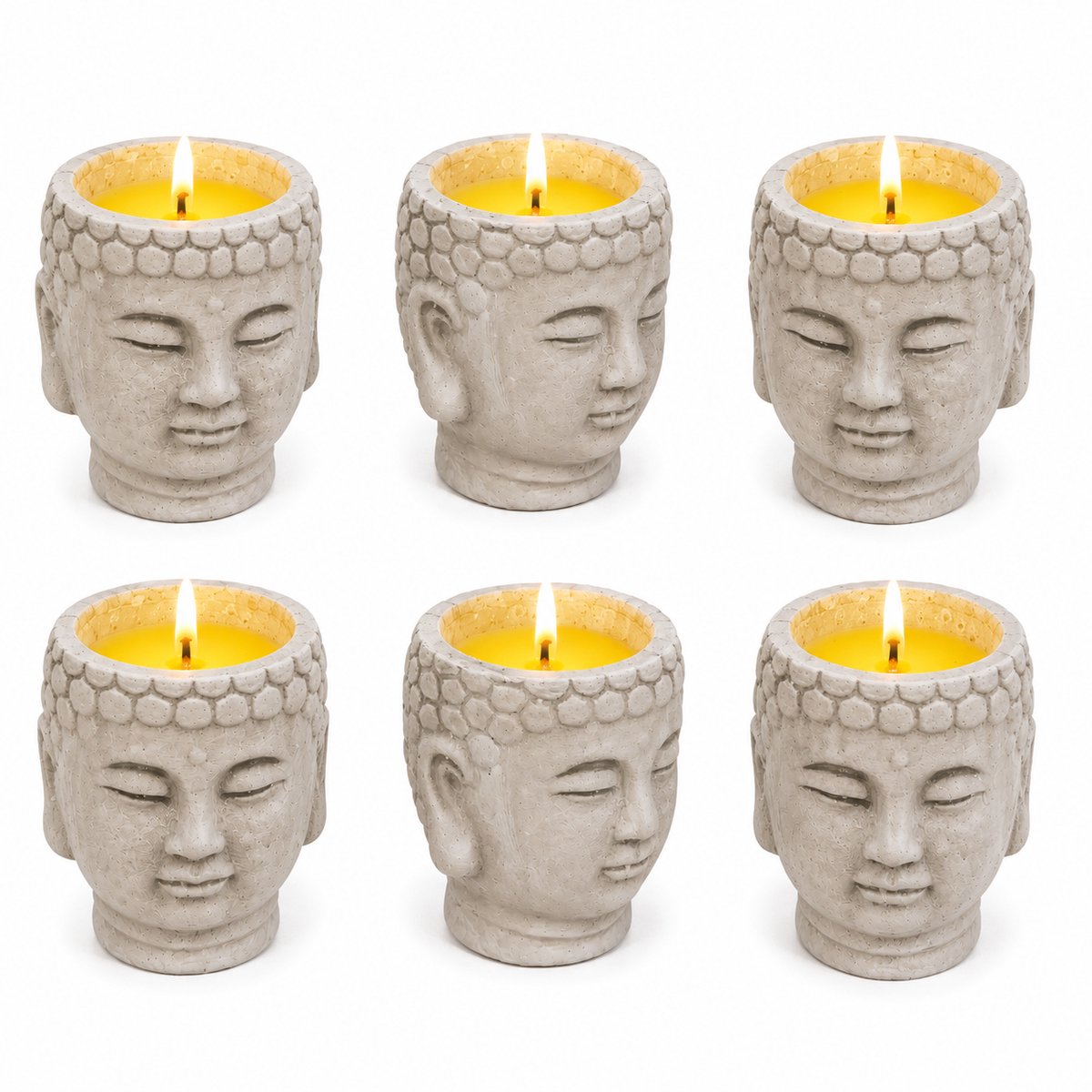 Kaarsen Set van 6 – Boeddha Gezicht – Cementen Pot – Buitenkaarsen voor Tuin, Balkon & Terras – 9 x 8 x 9,5 cm