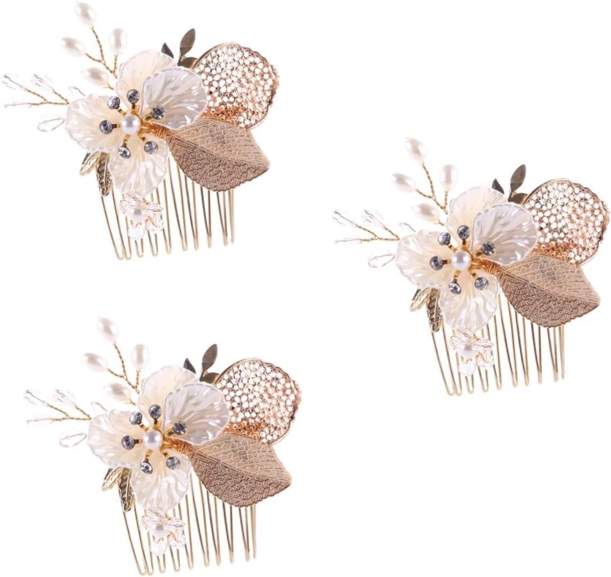 Haarkam Set - Bruiloft Accessoires - Feestelijk Kapsel - Parel en Kristal - 3 Stuks - Goud