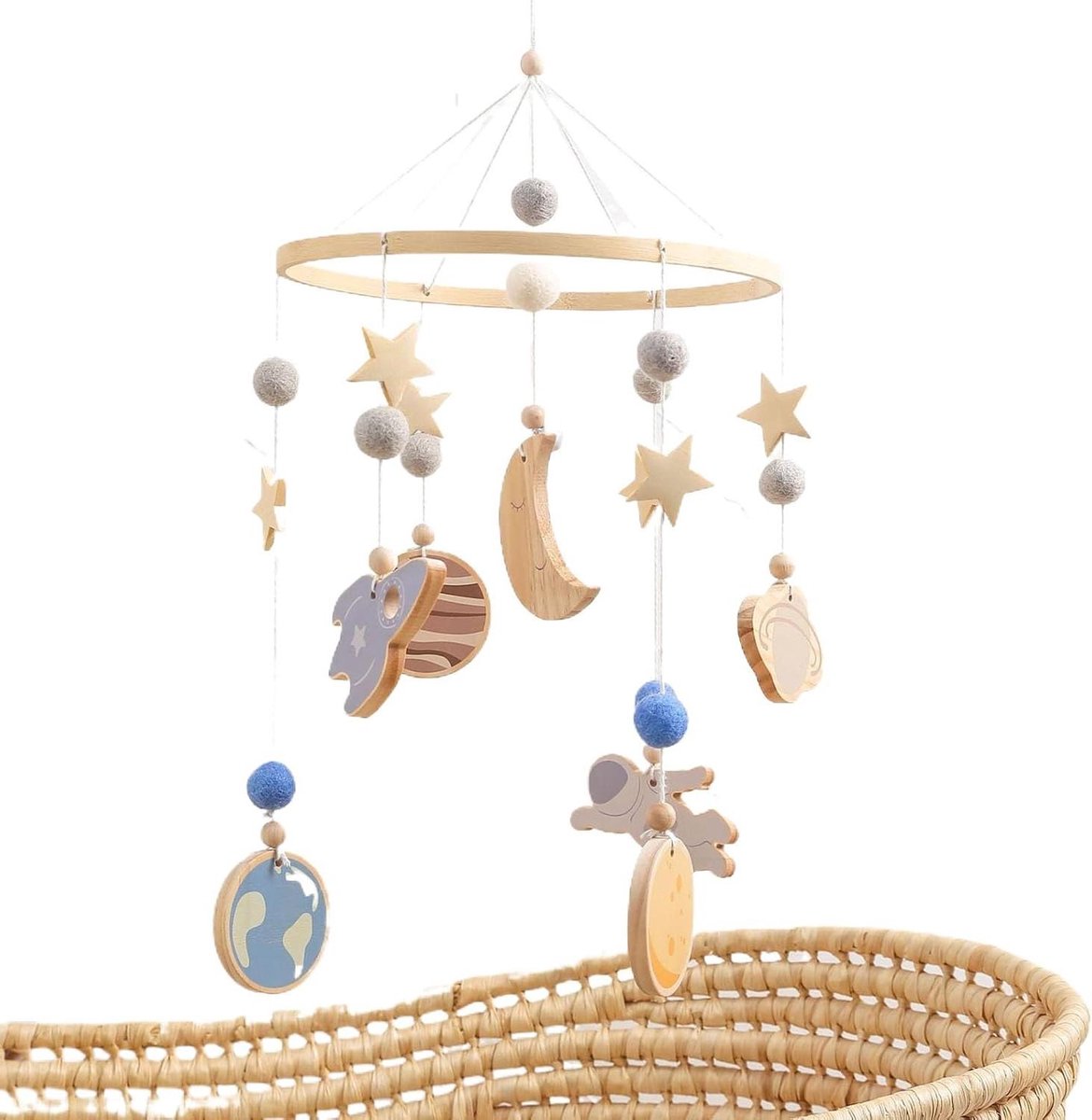 Wieg Mobiel - Hangdecoratie Babykamer - Visuele Stimulatie - Draaibare Beweging - 51 x 24 cm - Houtkleur