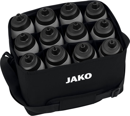 Porte-bouteilles Jako noir avec 12 bouteilles grises à bouchons noirs et une bandoulière.