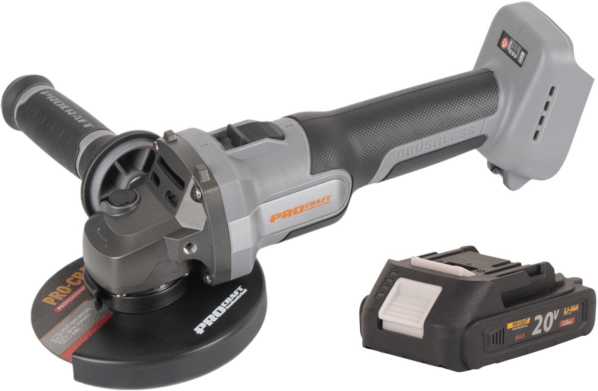 Procraft Industrial AG125Abb accu haakse slijper 20 V 125 mm borstelloos + 1x accu 2,0 Ah - zonder oplader