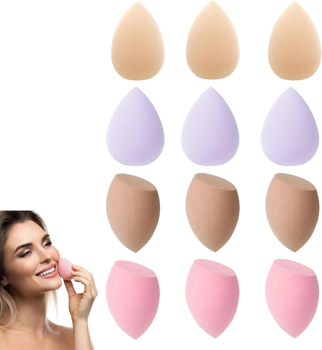 Set van 12 Mini Make-up Sponsjes voor Vloeibare en Crème Foundations, Concealer en Highlighter voor Gezicht en Lichaam