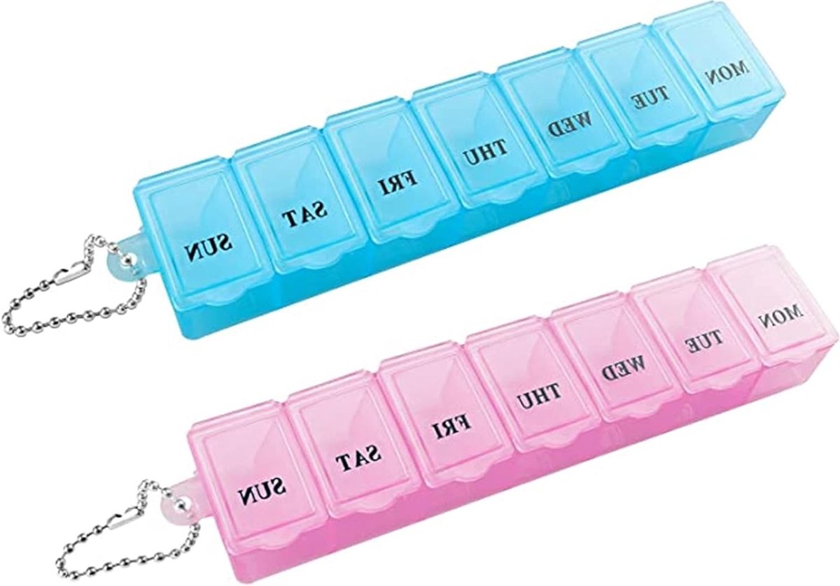 Oplaadbare pillenbox voor dagelijkse medicatie - Draagbare medicijnopslag, reisdoos en pillenverdeler (blauw + roze)