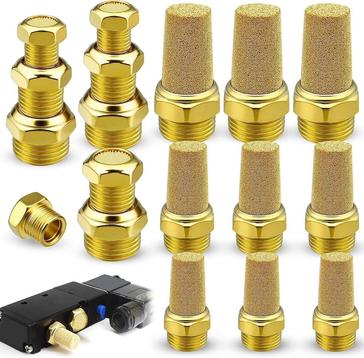 18-delige Pneumatische Demper Set, Messing Geluidsdempers met PT Draad, Geschikt voor Industrie en Pneumatische Toepassingen