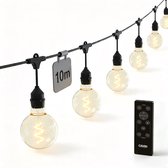 Lichtsnoer van 10 meter met 8 grote, amberkleurige LED-lampen met spiraalfilament, met afstandsbediening.