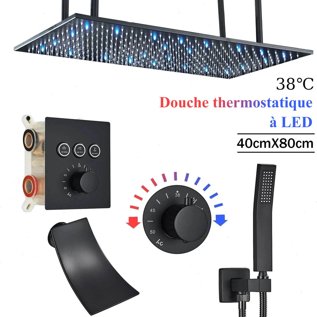 Thermostatische Douchesysteem met LED Plafonddouche 40x80cm - Luxe Mat Zwarte Regendoucheset voor Badkamer Inbouw thermostaat douche