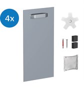 Zilverkleurige Dibond hanger met grijze, rechthoekige plaat en zilverkleurige handgreep. Inclusief toebehoren: 4x 8kg gewichtsaanduiding, 1x stervormige tuner, 1x schroef, 1x plug, 2x zwarte afstandsbumpers en 1x verpakt doekje.