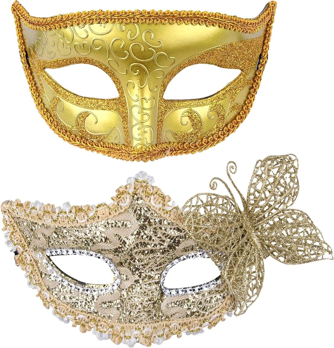 Elegante Venetiaanse Maskers voor Stellen - Leren Lace Maskers voor Halloween en Feestjes met Strass Versiering in Goud