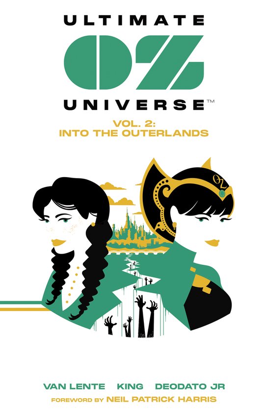 Boekcover van "Ultimate OZ Universe Vol. 2: Into the Outerlands" met twee vrouwenhoofden, een stad en lopende mensen.