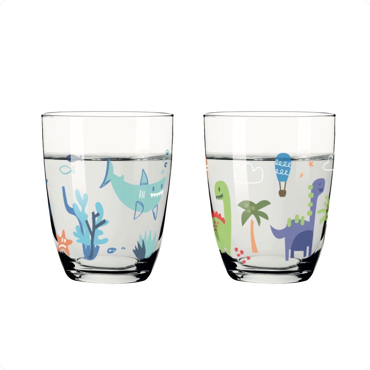 Ritzenhoff Waterglazen - Dino en Haai Design - 4 Stuks - Kristalglas - 210 ml - Drinkglas Kinderen voor Water, Limonade en Sap - Geschikt voor de Vaatwasser