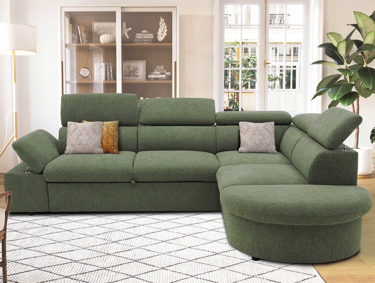 Hoekbank Firenze Rechts - Met Bedfunctie - Olijfgroene Stof