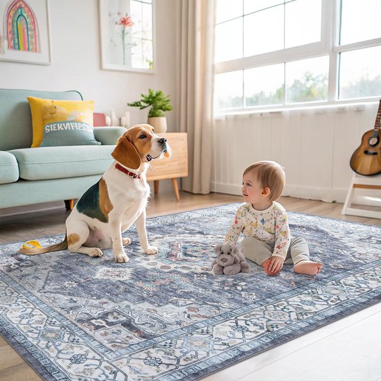 Een hond en baby zitten op een grijsblauw kleed met patroon in een woonkamer.