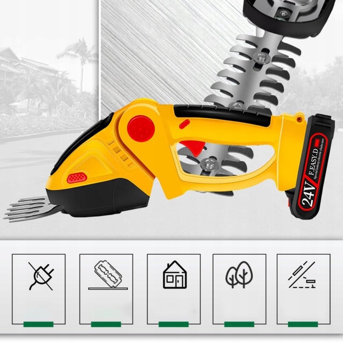 Grasmaaier - Heggenschaar - Handgrasmaaier - Geel - 750g Ultralicht & 60min Batterijduur - 15.000 tpm krachtig vermogen - Dubbele Messen & 90° Verstelbaar - Voor Tuin – foto 6