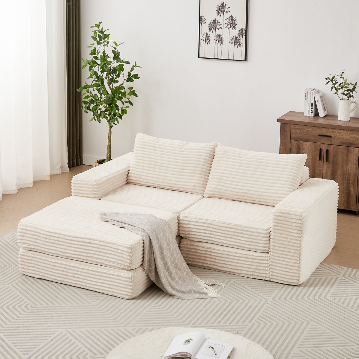 MODENUIT Slaapbank - 2-in-1 Bank en Bed met Verplaatsbare Hocker - Voor Woonkamer en Logeerkamer - Cord Beige