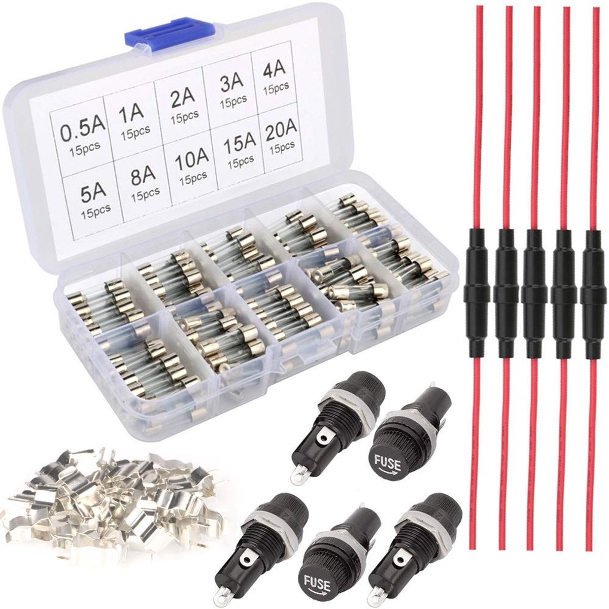Allecto - Glass Fussets - 150PCS Fuses - Complete Set - 5x20mm - Inclusief Fuse Holders - Geschikt voor Elektronica - E279
