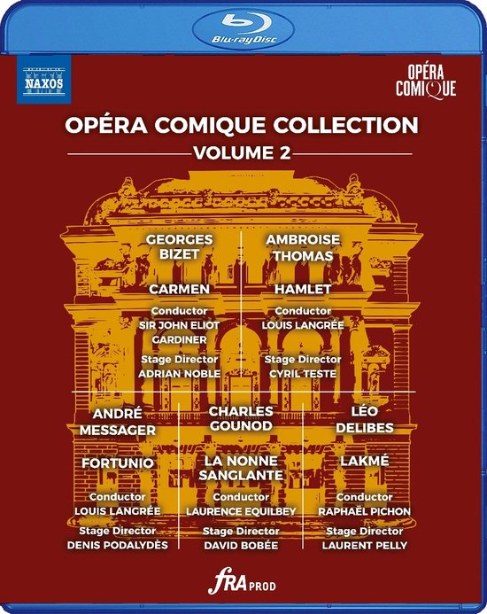 Blu-ray hoes: Opéra Comique Collection - Volume 2. Gouden gebouw met tekst: Georges Bizet Carmen, Ambroise Thomas Hamlet, André Messager Fortunio, Charles Gounod La Nonne Sanglante, Léo Delibes Lakmé.